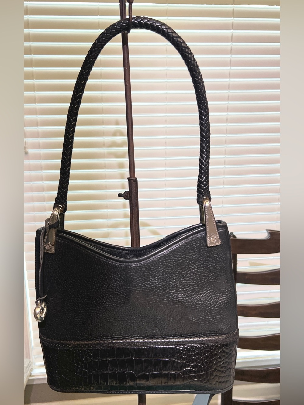 EUC Brighton vintage Gina Black Leather Hobo Bag with croc embossed trim